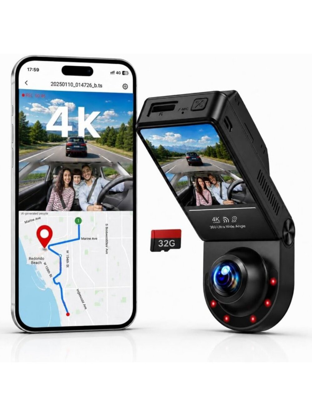 360° Dual Channel Dash Cam, 4K Front & Inside Car Camera, Night Vision, Loop